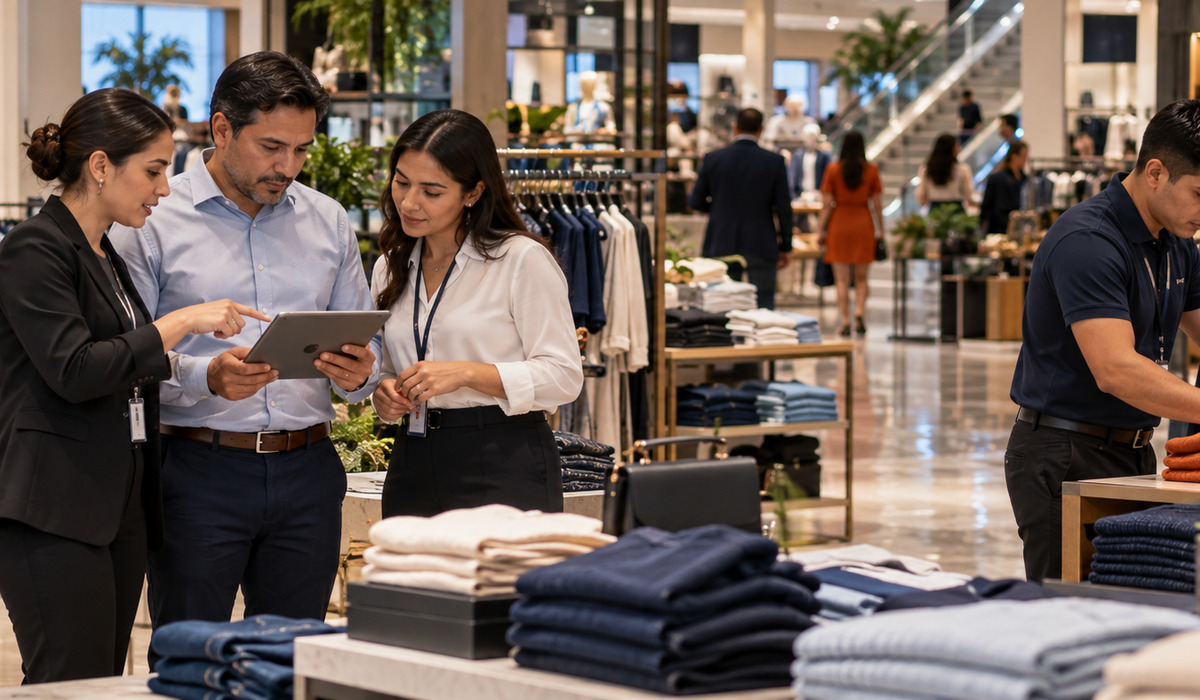Cross-functional retail team using shared data during a department store floor walk.