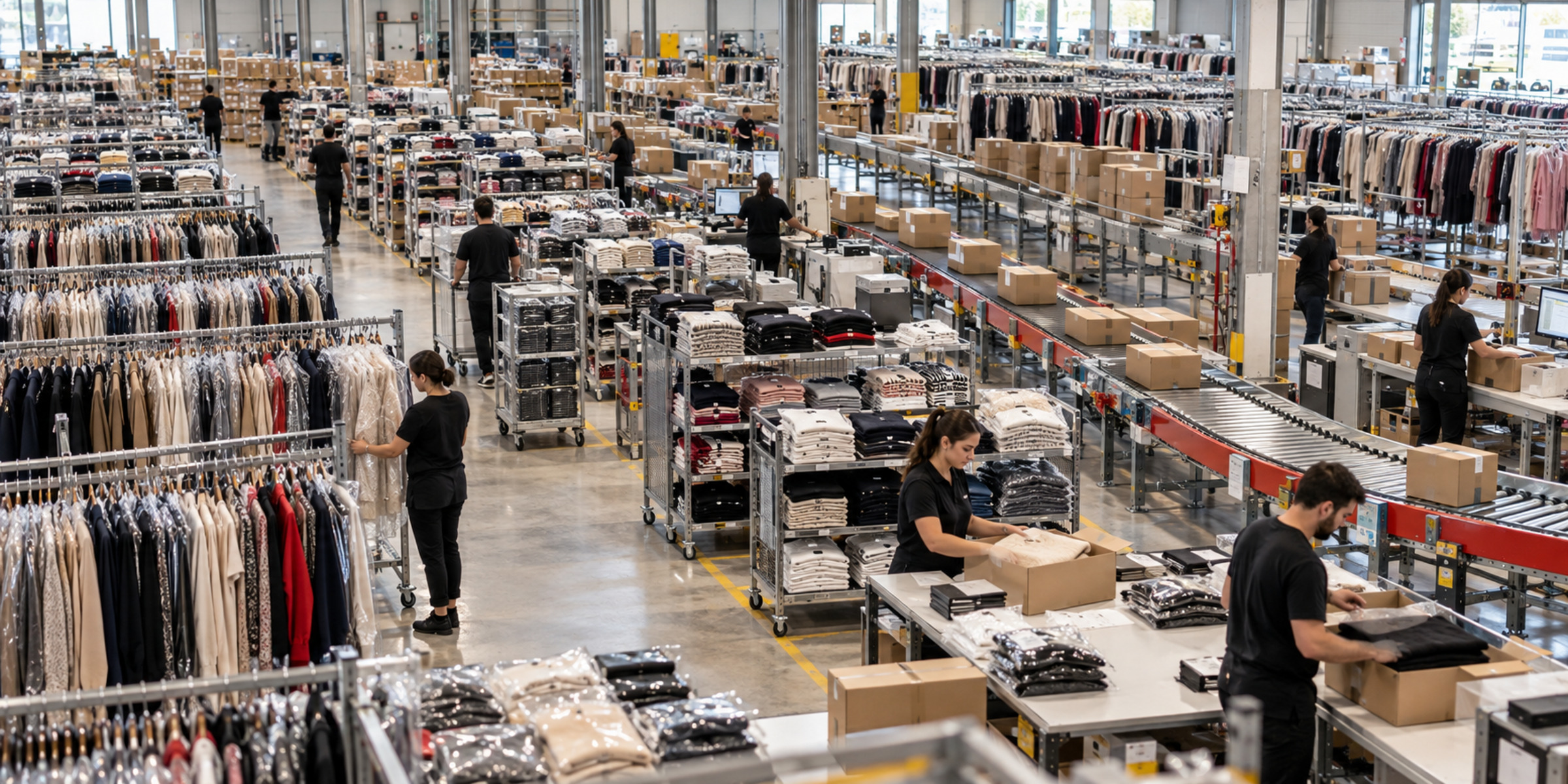 A wide elevated view of a fashion eCommerce fulfillment center with garment racks, packing stations, conveyors and workers processing orders.