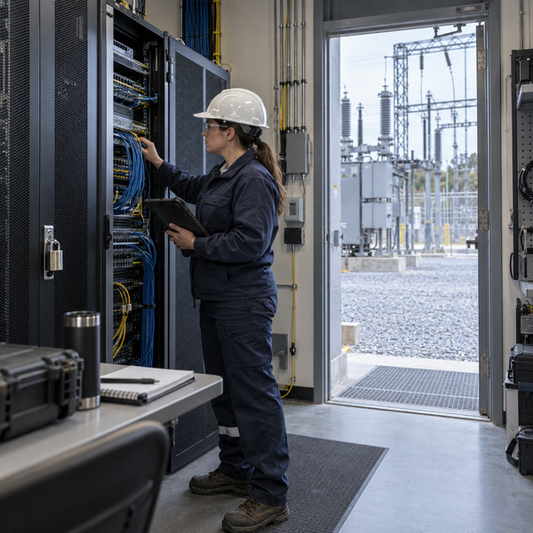 Cybersecurity specialist reviews secured network hardware inside a substation communications room with physical utility equipment visible.