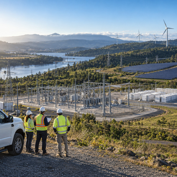 A utility inspection team surveys a regional energy landscape containing a substation, battery storage, solar arrays and wind turbines.