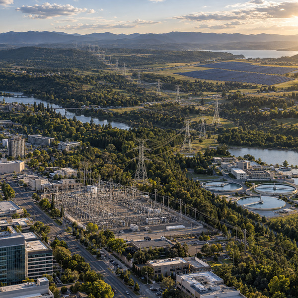 Aerial view of urban substations, transmission corridors, renewable generation and water infrastructure across one region.