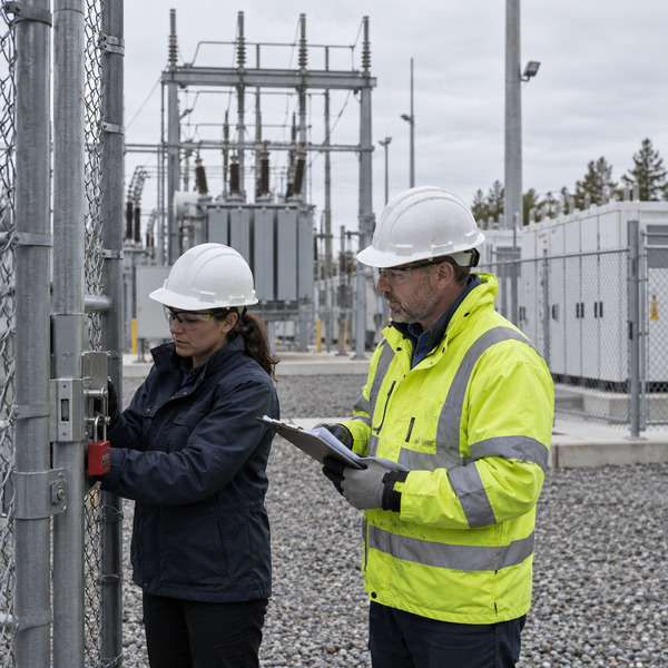 Utility specialists review security and operating procedures beside protected substation infrastructure and battery assets.