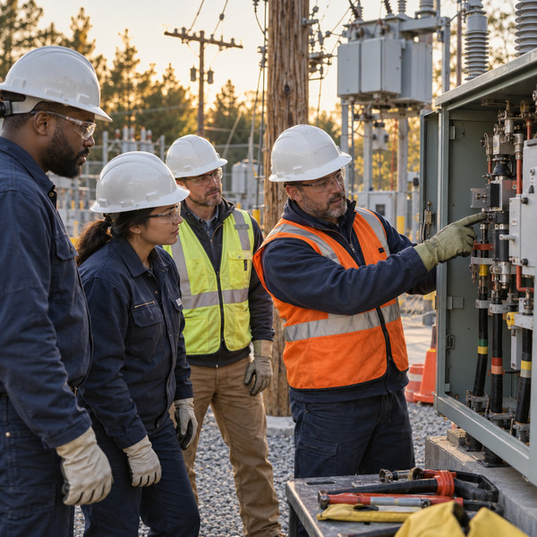 Mixed team of utility operators, engineers and technology specialists learning around a de-energised training grid with physical equipment.