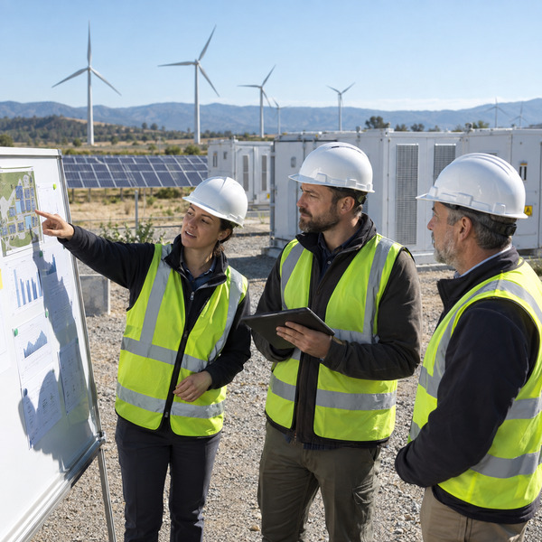 A field operations team reviews performance indicators at a renewable energy site with solar, storage and grid infrastructure.