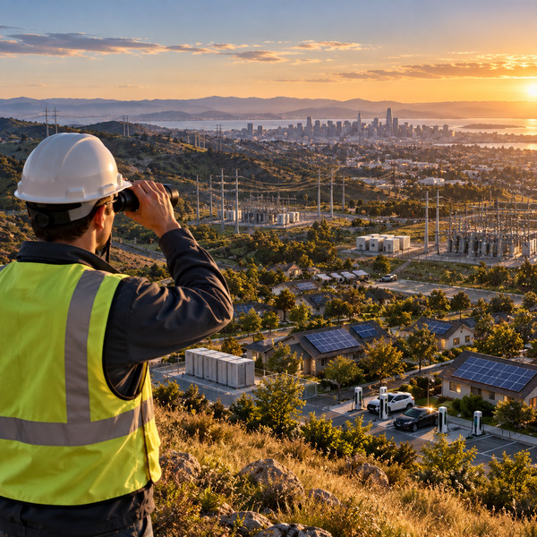 Utility planner overlooking connected communities, solar rooftops, battery storage, substations and distribution lines extending toward a city.