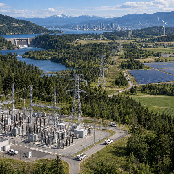 Aerial view of a transmission corridor linking a substation, renewable generation sites and a distant city.