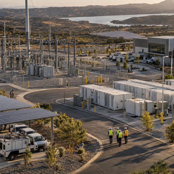 A high-angle view shows a coordinated utility campus with a substation, battery storage, solar canopies and a team conducting a safety walk.