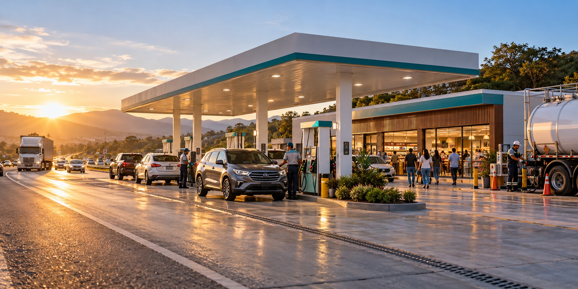 Busy roadside fuel and convenience station at sunset, with vehicles, attendants and customers moving through the site.