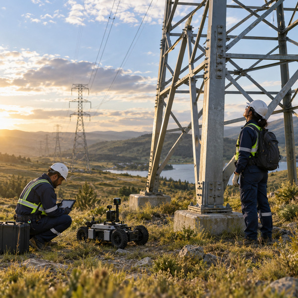 Utility field crew validating a sensor-assisted robotic inspection beneath a transmission tower in a remote grid corridor.