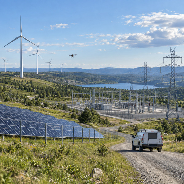 Solar panels, wind turbines, transmission lines and a substation connected across one landscape, with a service vehicle and inspection drone in operation.