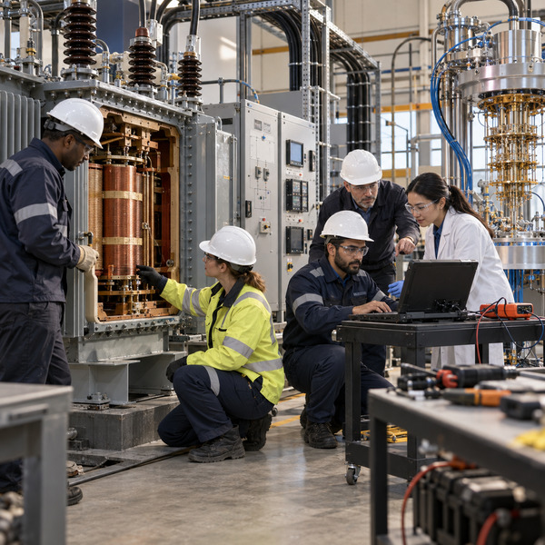 Utility engineers, a cybersecurity specialist and a quantum scientist test a scenario together in a practical electrical-grid training facility.