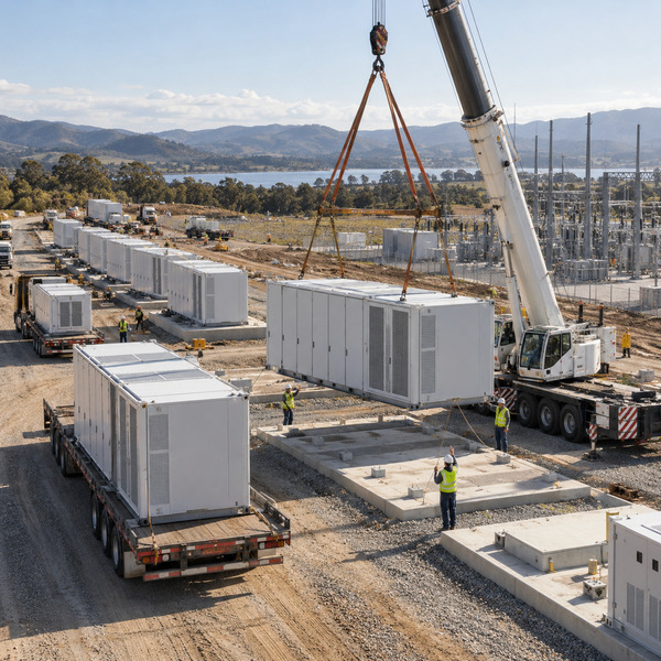 A crane lowers a modular battery enclosure while further units arrive by flatbed and completed modules line the utility site.