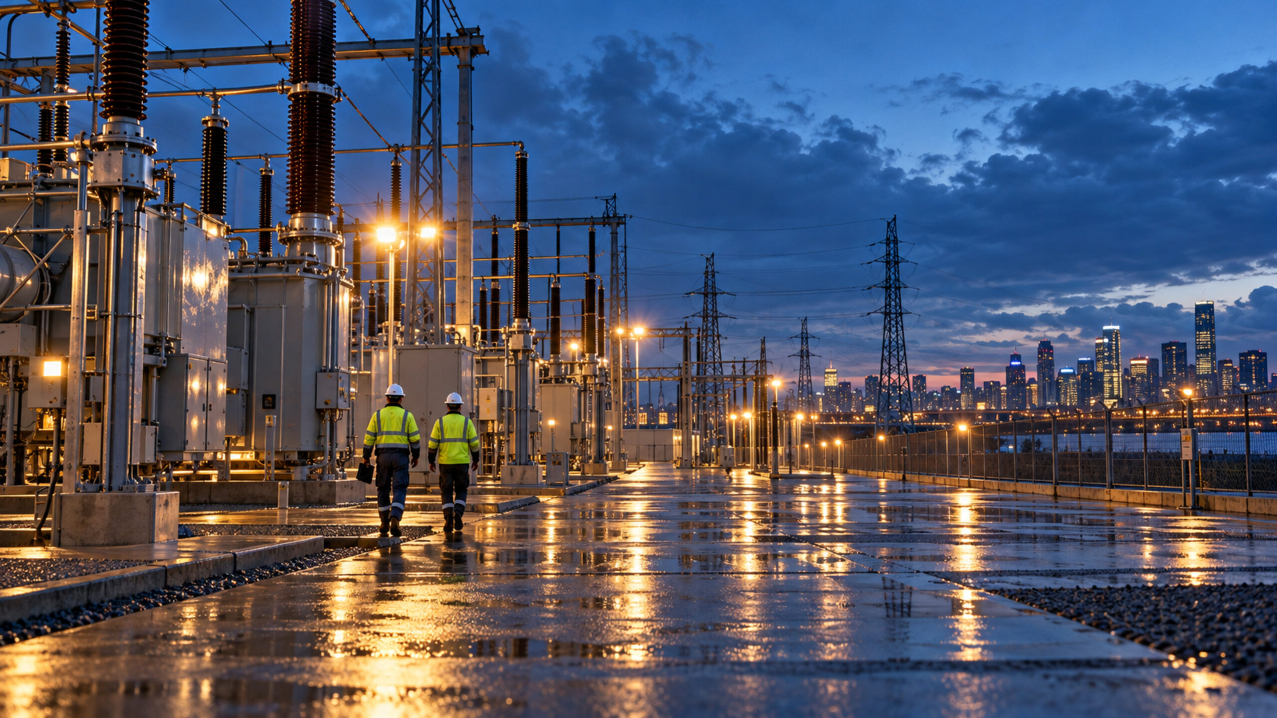Utility staff inspecting a rain-wet electrical substation at blue hour with a fully lit city in the distance.