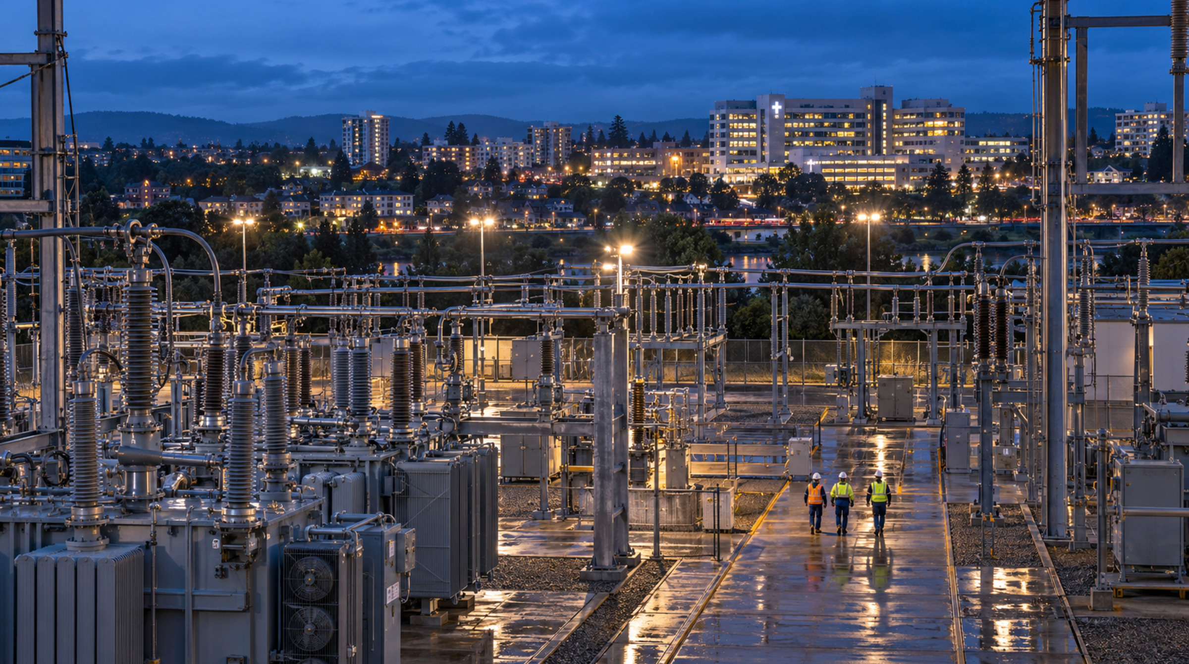 Distribution lines connecting a substation, solar farm, water facility and rural community across a utility service area