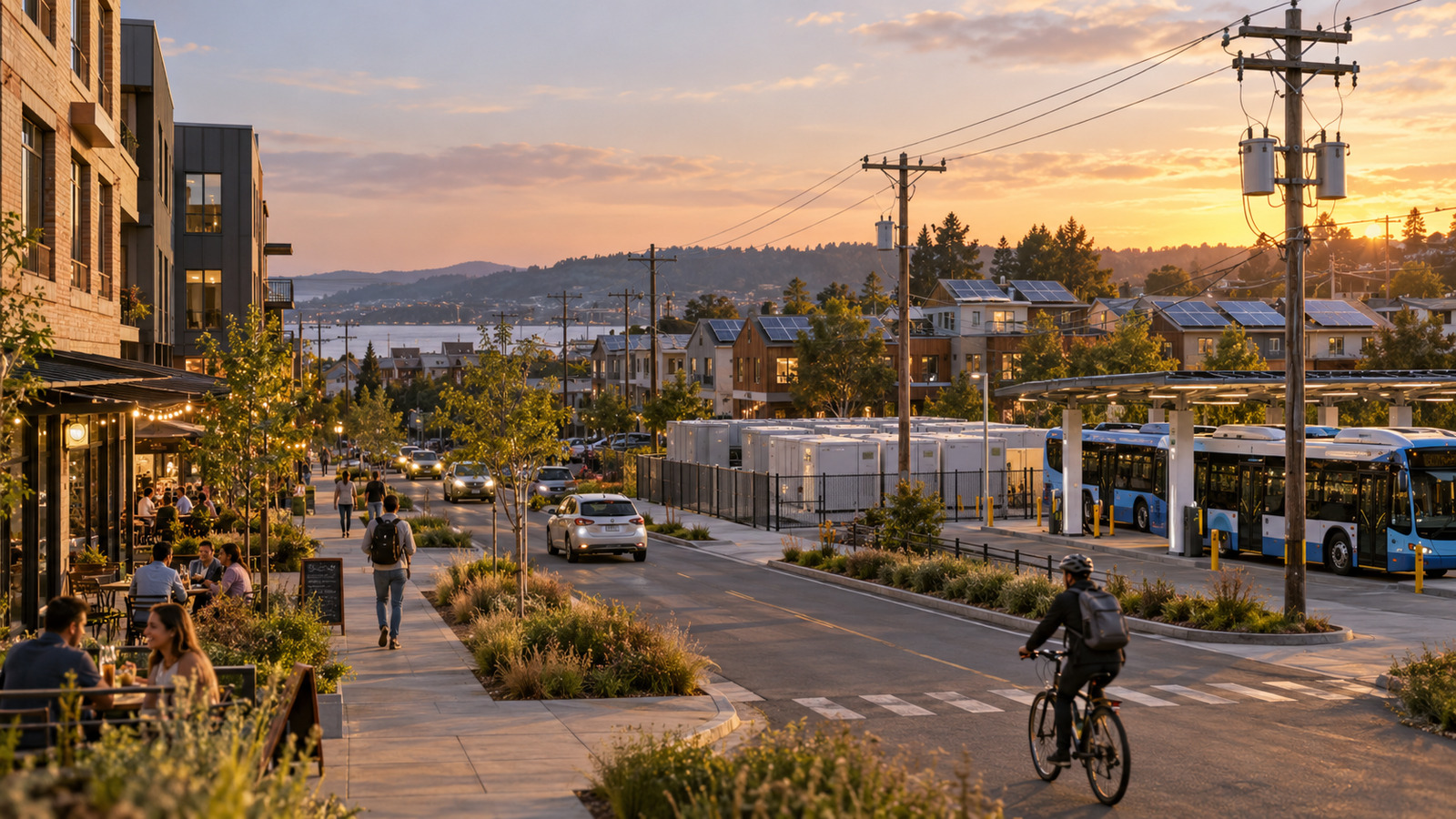 Homes, local businesses, rooftop solar, a neighbourhood battery and electric buses share a connected distribution landscape at sunset.