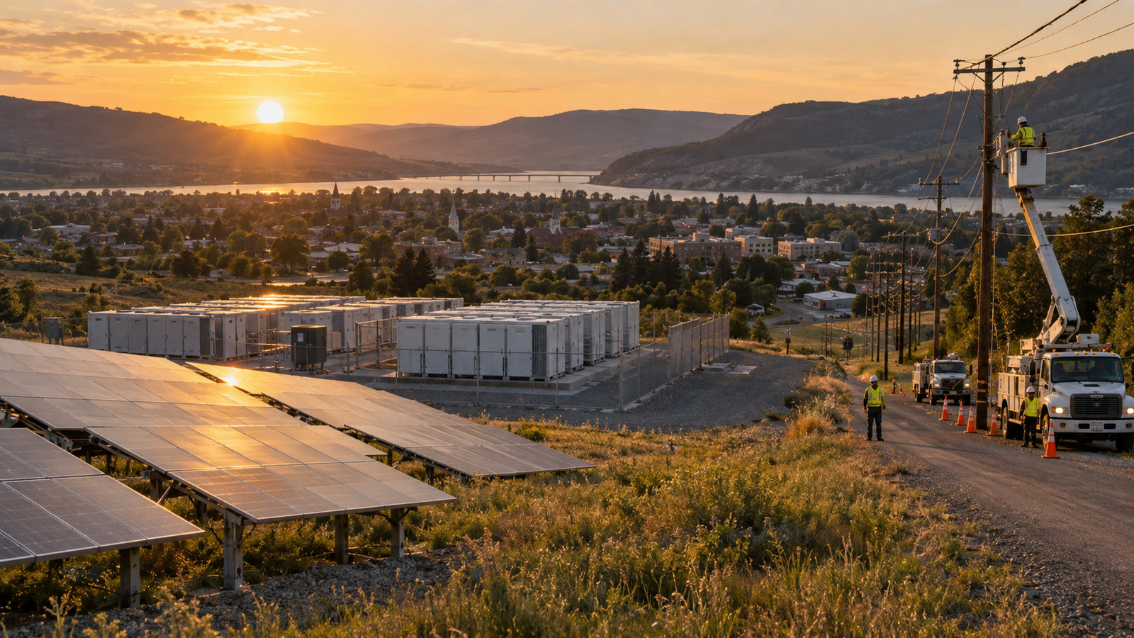 Solar generation, battery storage, distribution lines and an active maintenance crew share one recognisable utility landscape at golden hour.