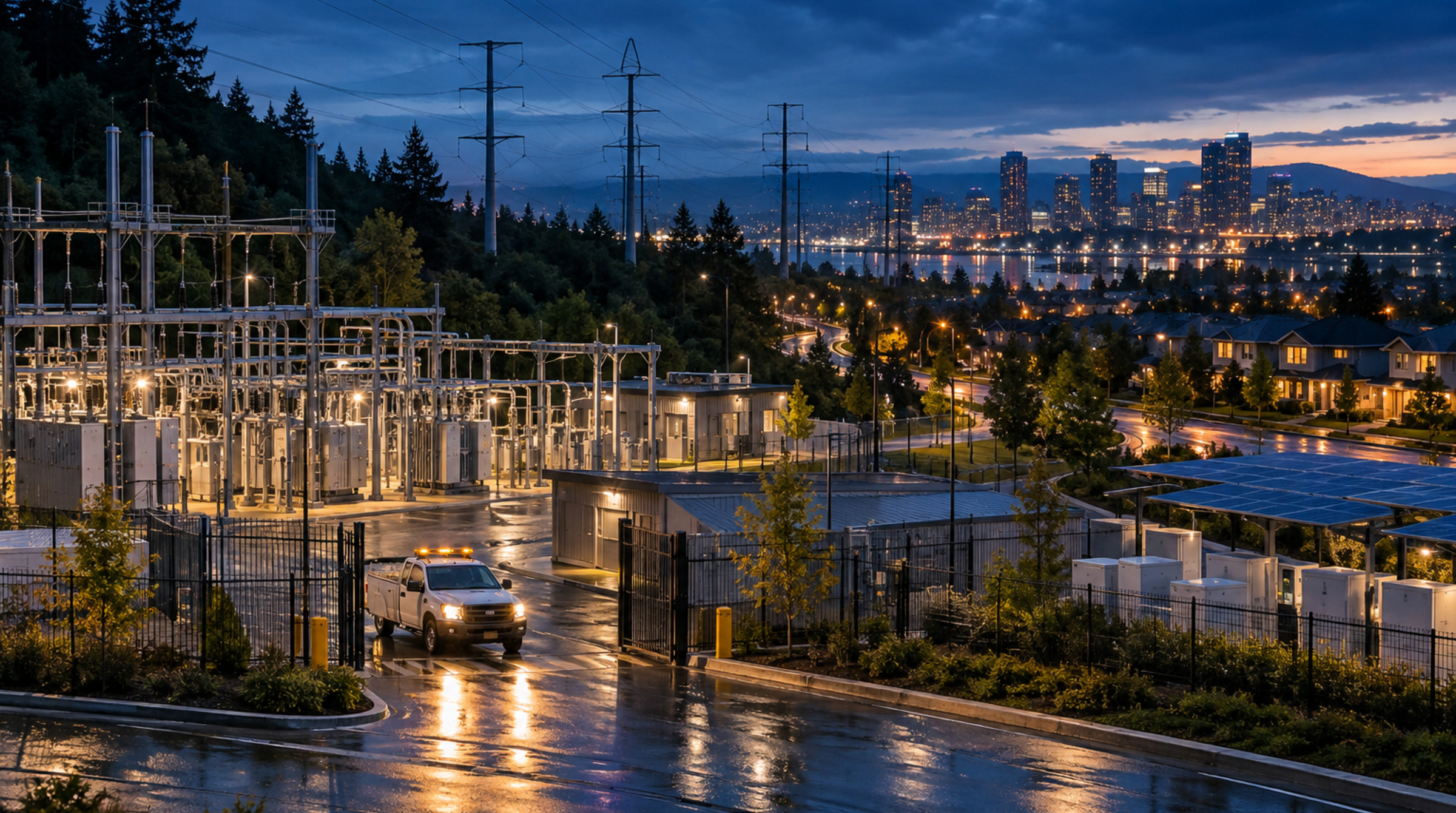An electrical distribution substation, power lines and battery storage connect to an illuminated city after rain at blue hour.