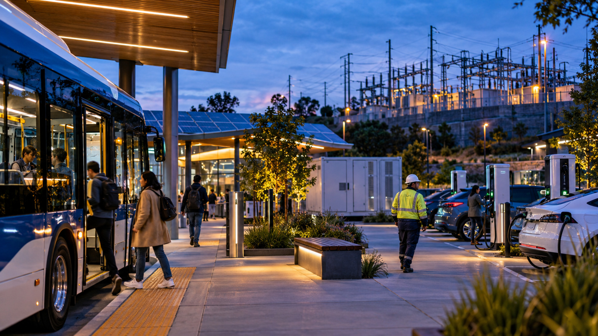 An electric bus and cars charge at an urban energy hub with rooftop solar, battery storage, passengers and a utility worker, while a substation operates nearby at dusk.