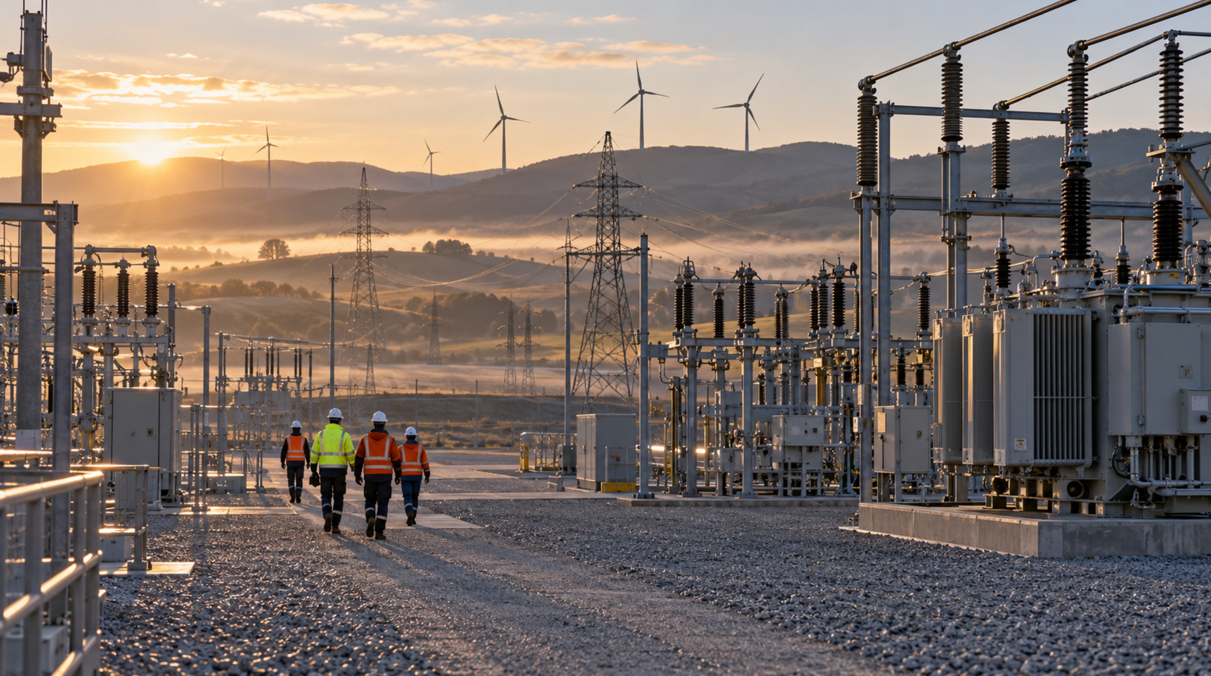 Utility operations team walking through a modern transmission substation at sunrise, with wind turbines in the distance.