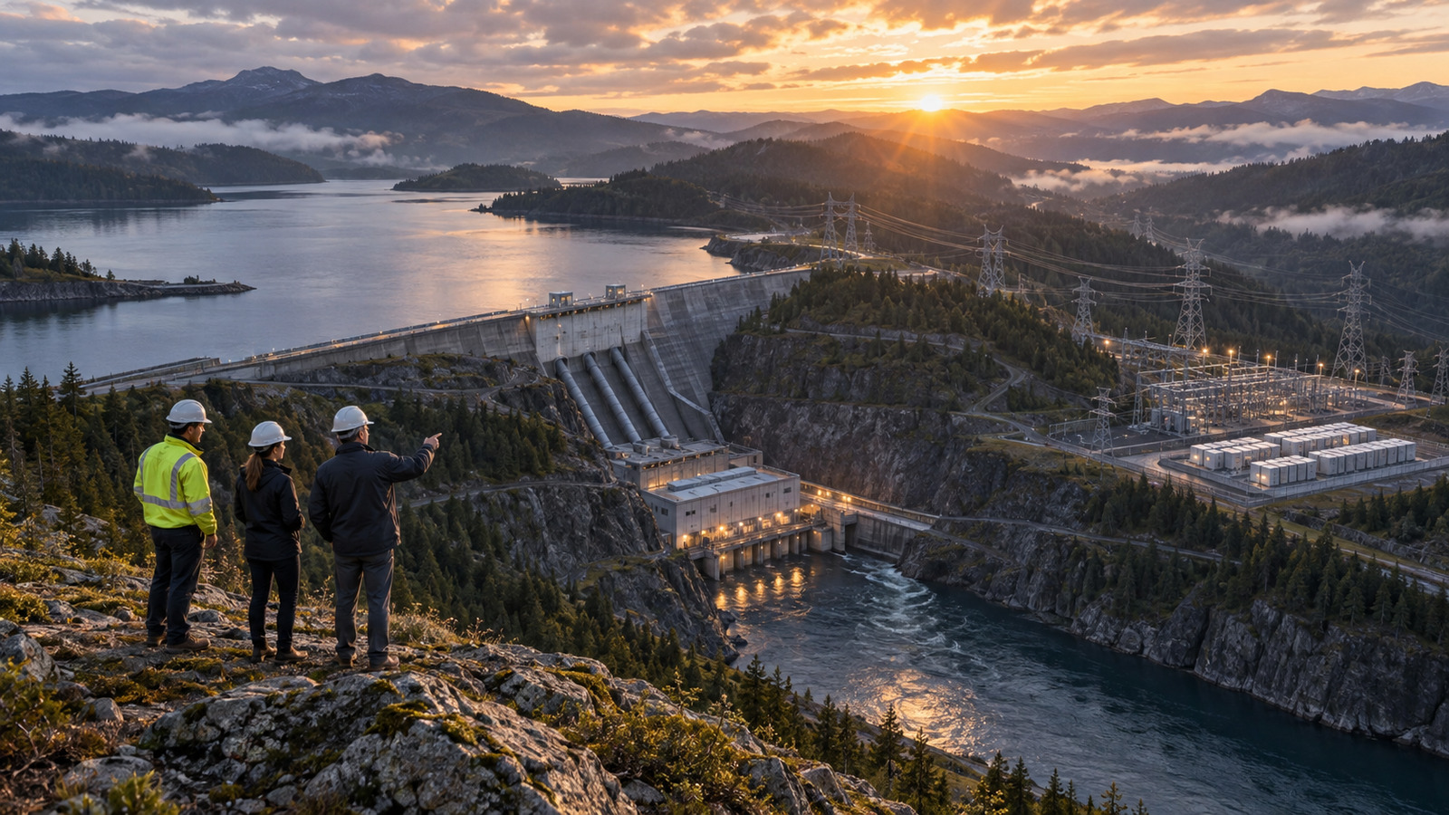 Utility leaders and a field engineer overlook pumped-storage, battery and transmission infrastructure while discussing next-stage priorities at sunrise.