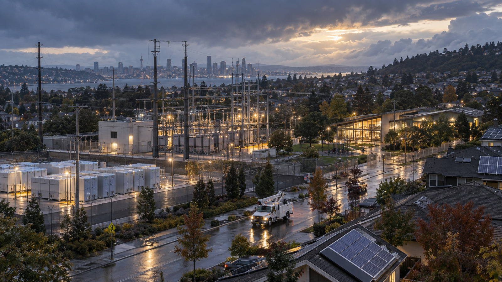 An urban distribution substation, battery storage and homes with rooftop solar operating together under changing weather conditions.