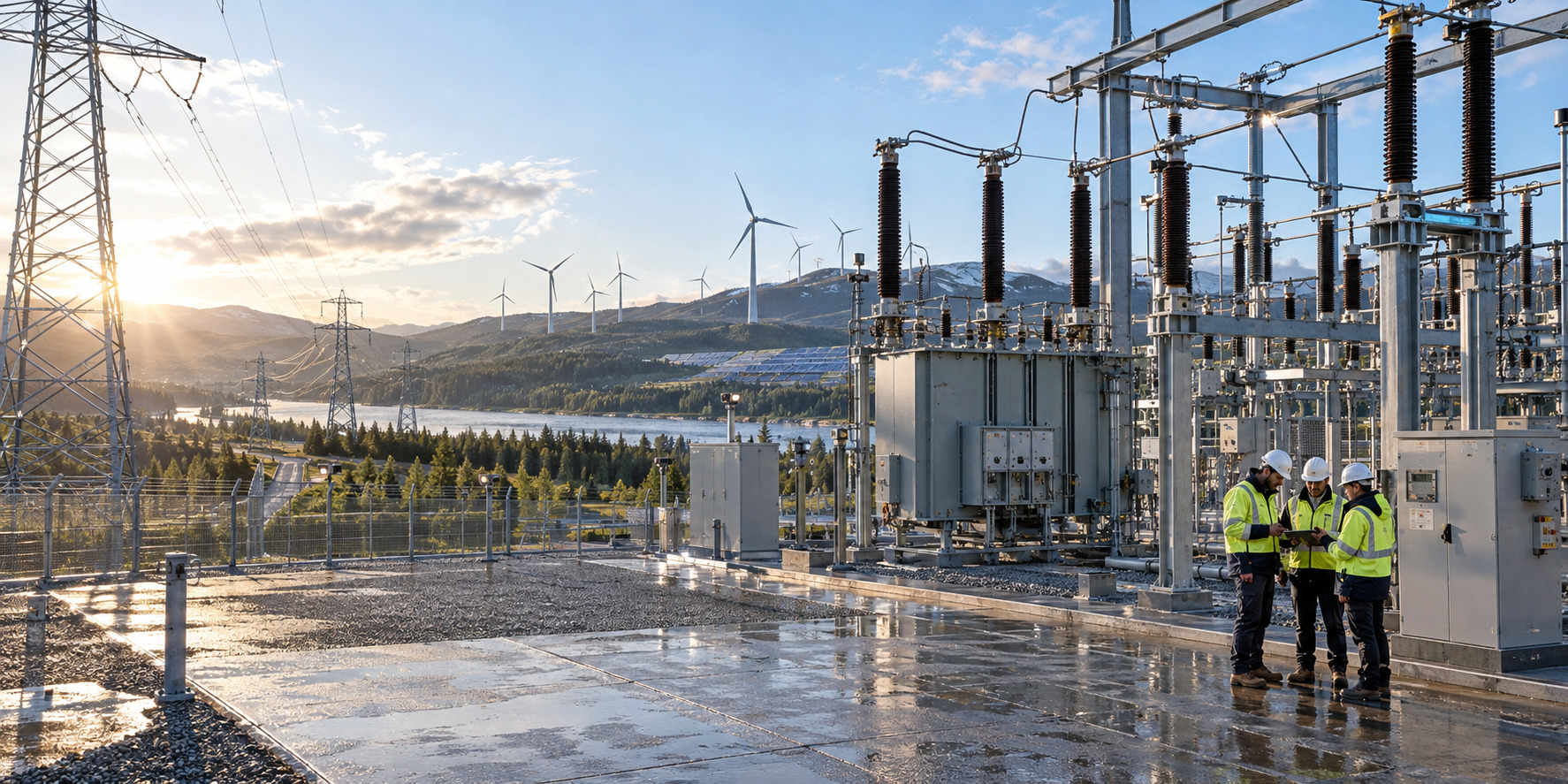 Wide view of utility crews commissioning a modern substation connected to renewable generation, showing practical network readiness and operational resilience.