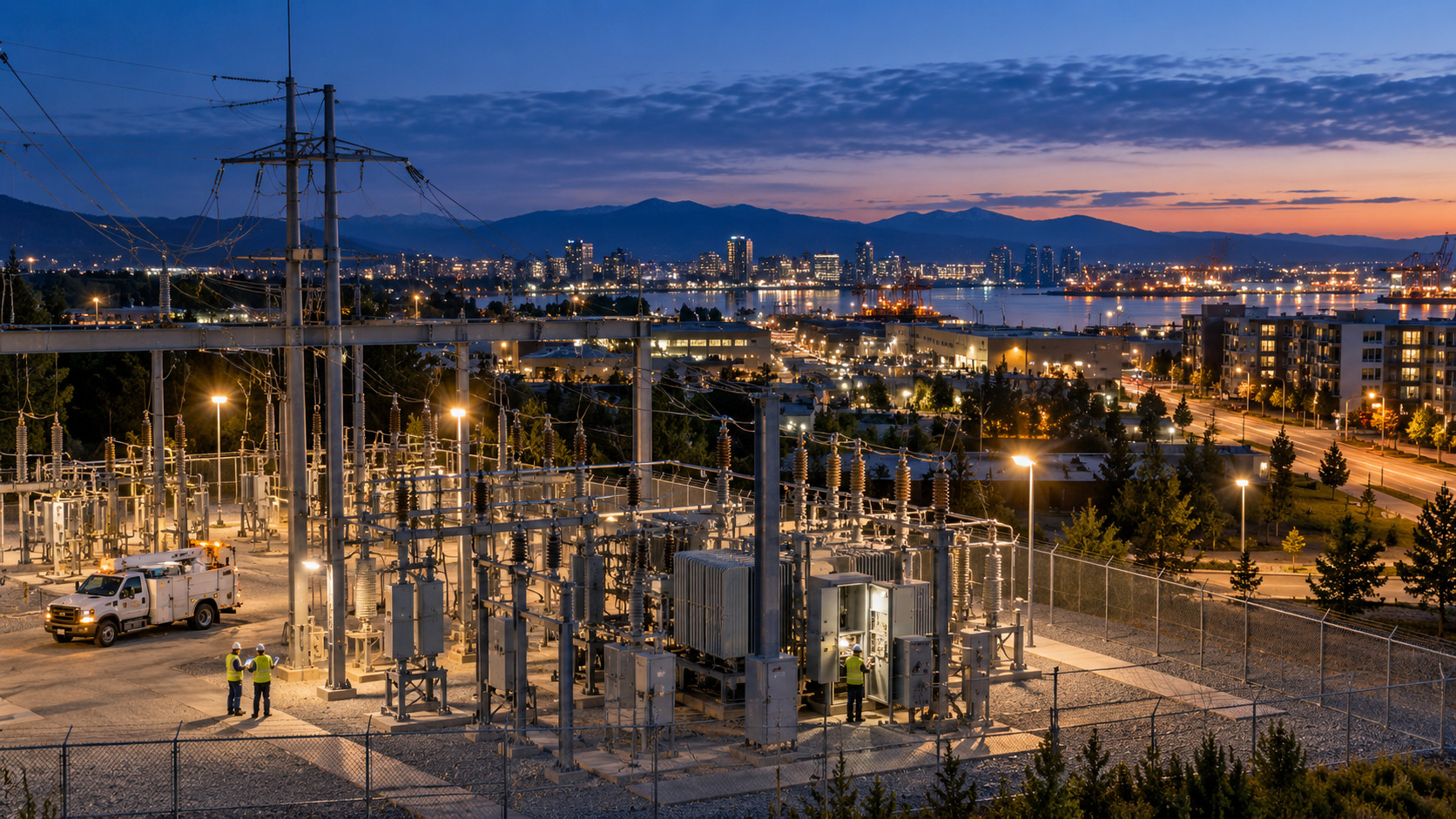 Electricity substation and maintenance crew support a reliably powered urban and industrial district at twilight