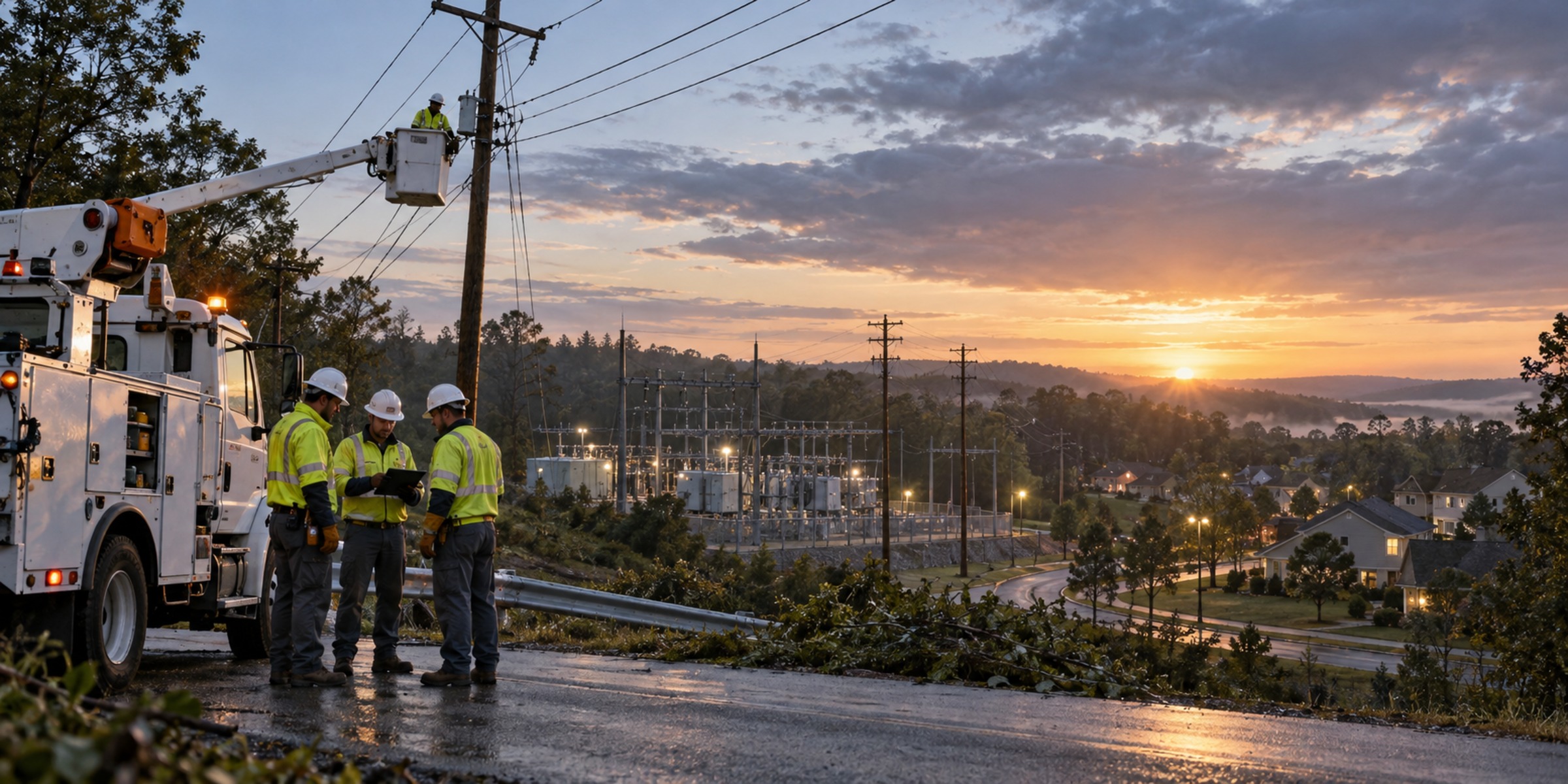 A utility restoration crew completes field work near repaired distribution lines, a substation and a community at dawn after severe weather.