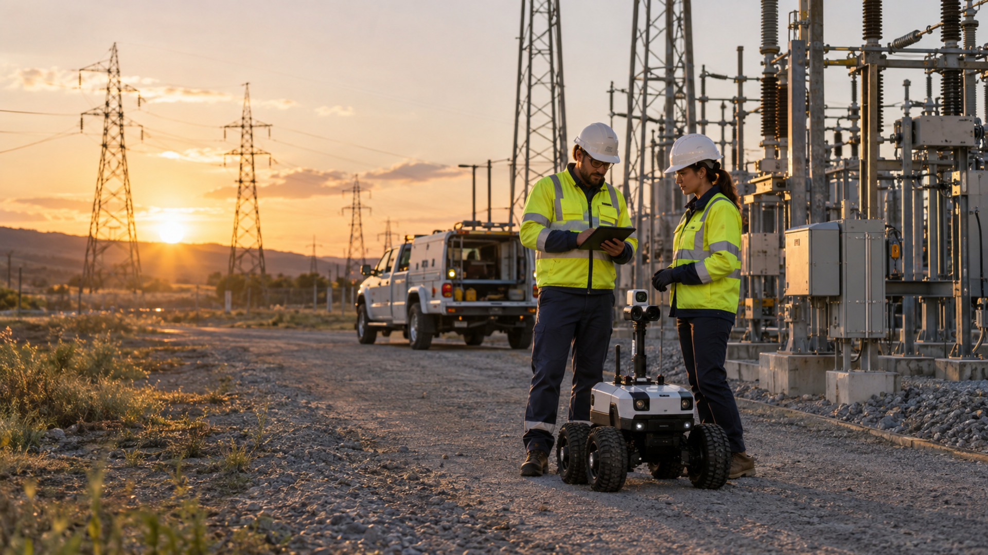 Utility field operations team and autonomous inspection robot working near transmission infrastructure after a maintenance intervention
