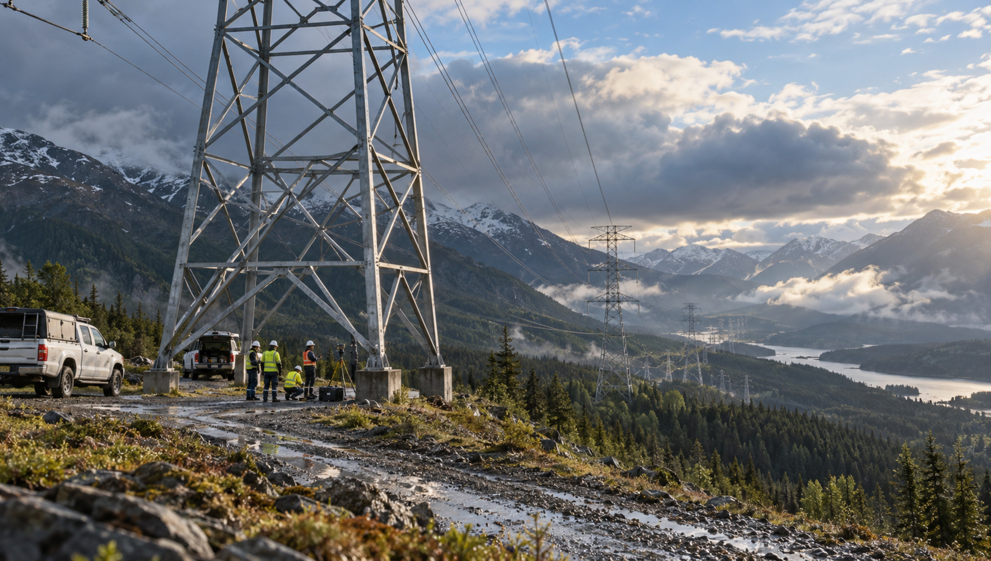Utility inspection crew assessing a high-voltage transmission tower in a mountain valley as storm clouds clear across the grid corridor.
