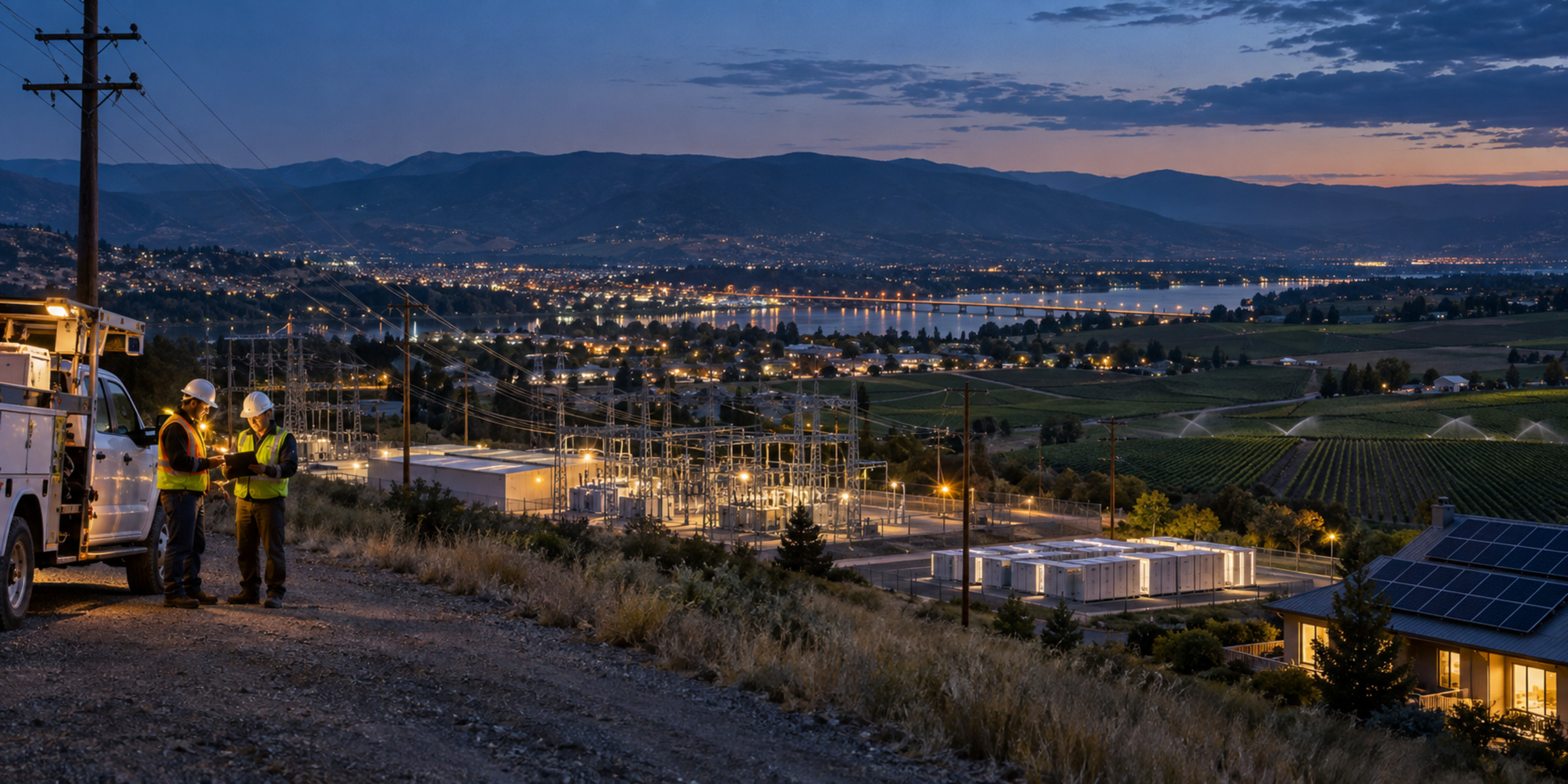 A regional distribution network links a town, substation, rooftop solar and battery storage as a utility crew completes an evening inspection.