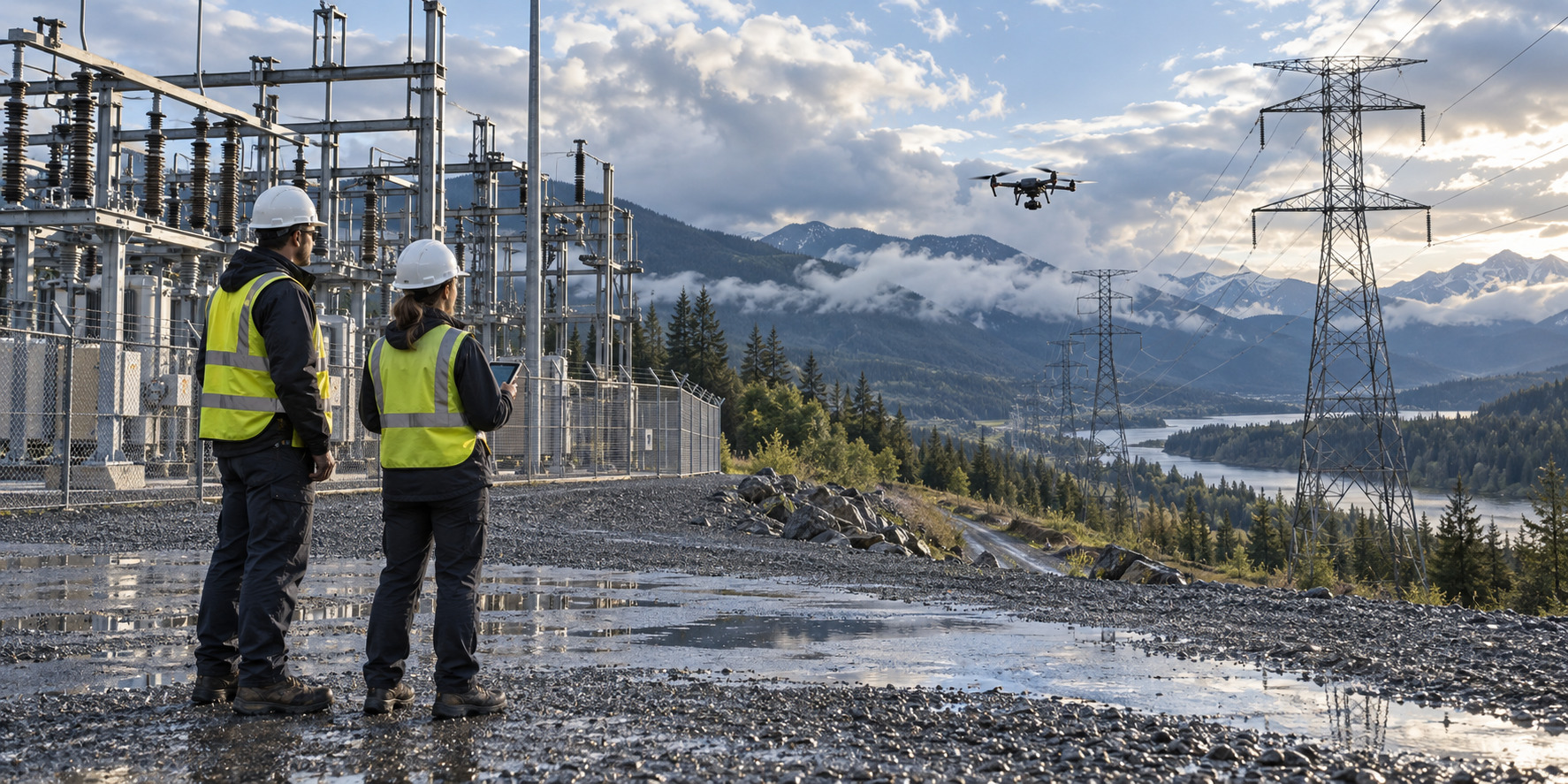 Utility field crew and inspection drone assessing an intact substation and transmission corridor after rain in a remote mountain setting.