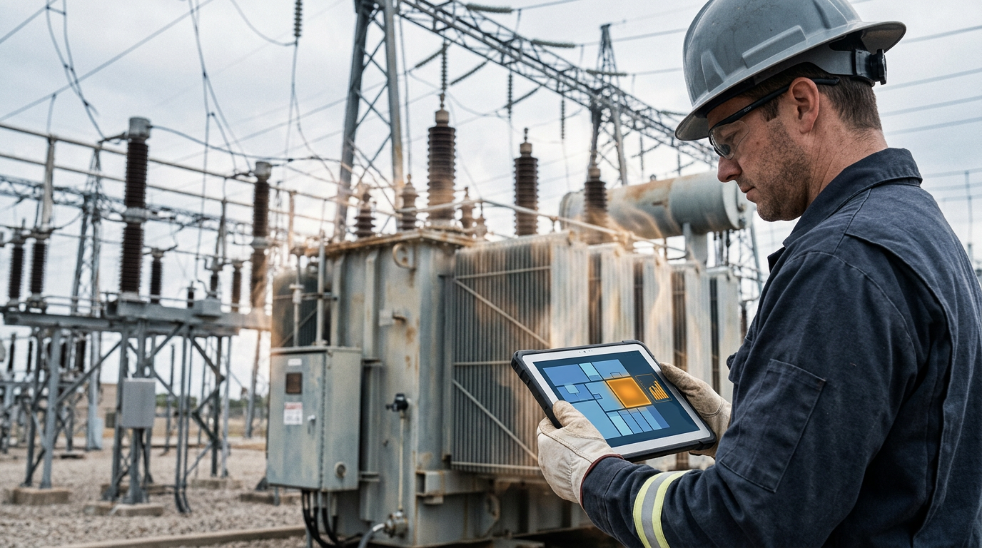 Utility worker in hard hat uses a tablet showing a heat map beside a large transformer in an electrical substation filled with power lines and insulators.
