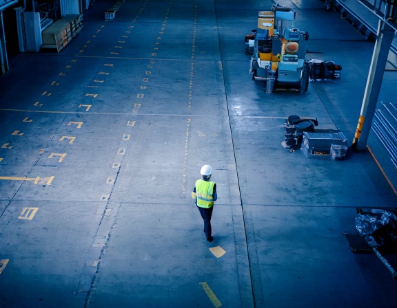 Firefly Elevated wide-angle view of an industrial warehouse floor, within a person working