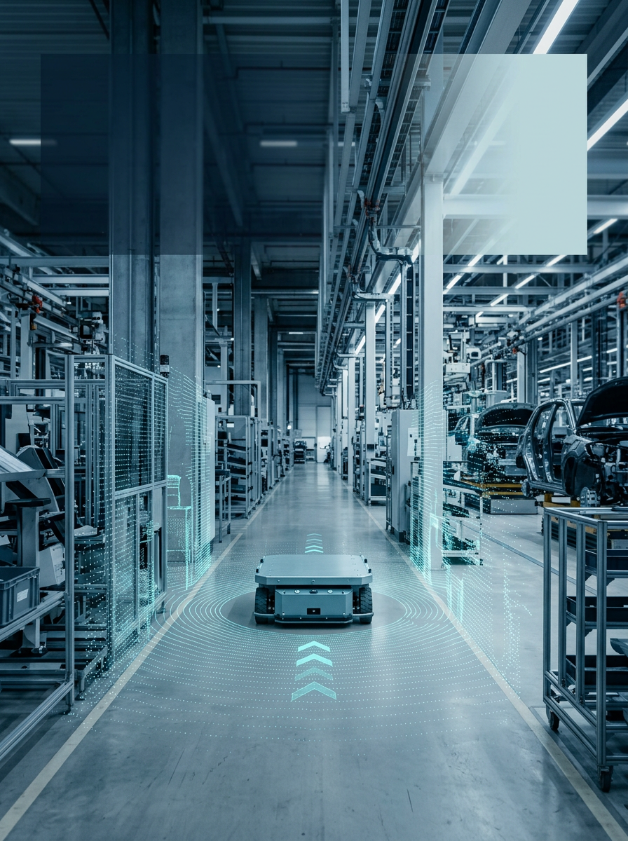 Autonomous robot drives down a car assembly line, with blue digital sensor grids and arrows overlaid amid metal frames, conveyors, and partially assembled vehicles.