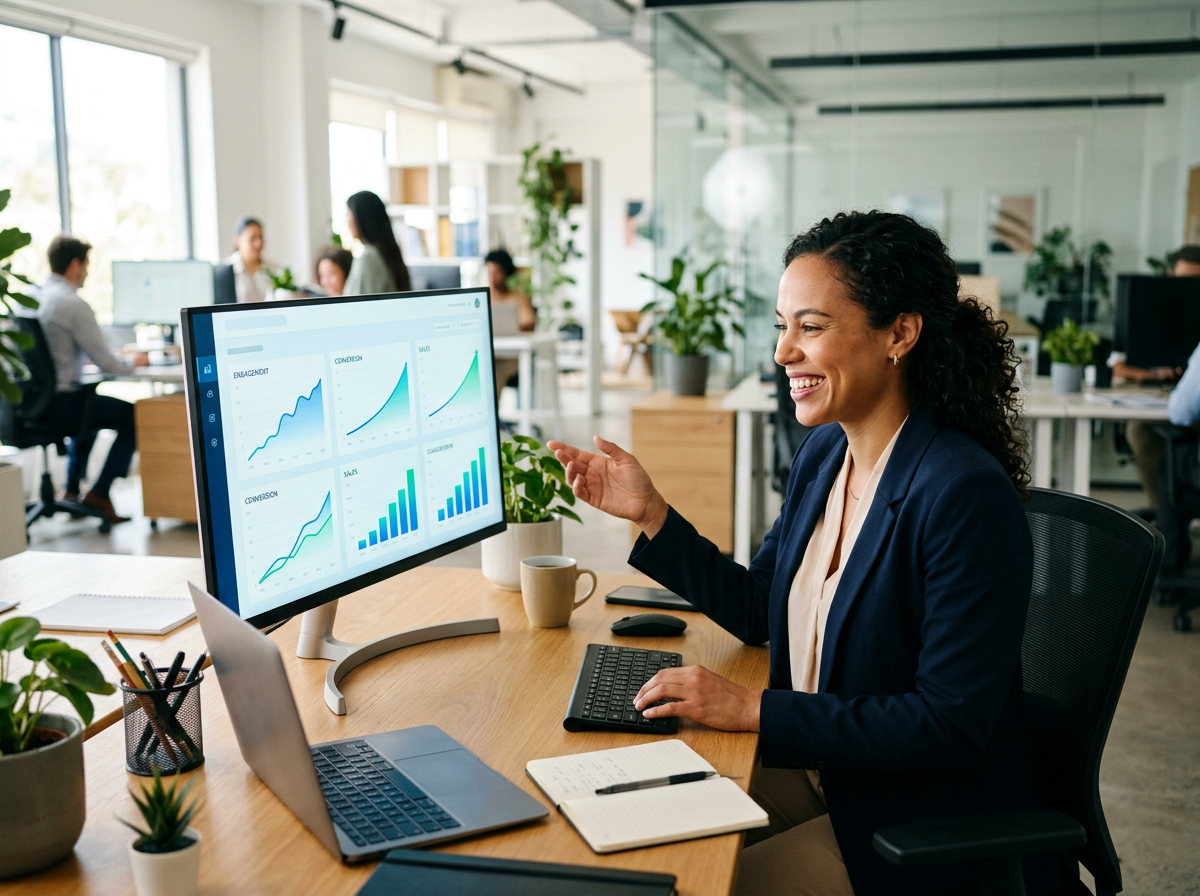 Smiling woman in a modern office gestures at a large monitor showing line and bar charts, with a laptop, notebook, plants, and coworkers in the background.