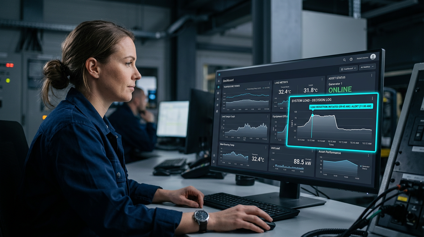 Technician in a control room reviews a large dashboard showing grid asset temperature, load charts, an ONLINE status, and a highlighted decision log.