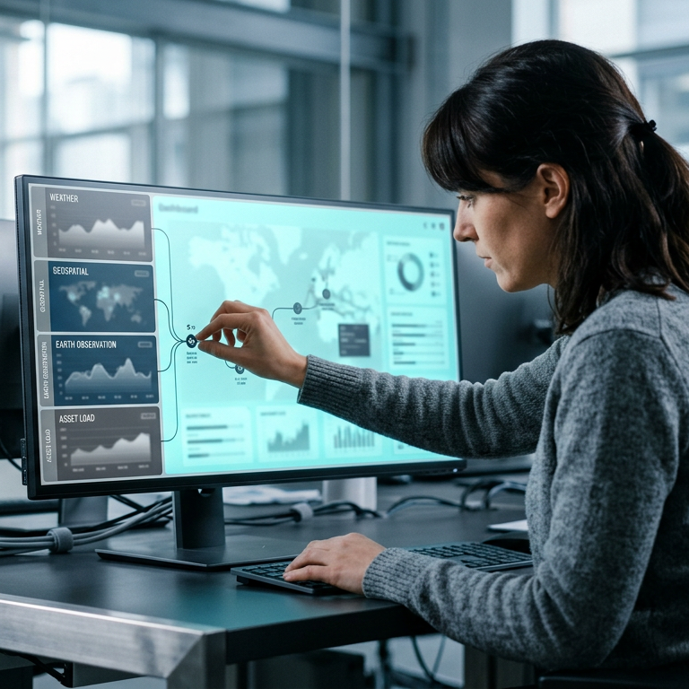 Woman in gray sweater studies a large monitor showing maps, charts, and weather/geospatial panels, touching a data point on a grid-asset dashboard in a modern office.
