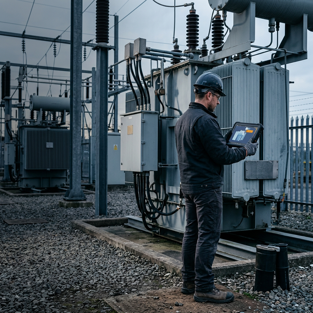 Worker in a hard hat uses a tablet beside a large transformer in an electrical substation, surrounded by cables, insulators, metal frames, and gravel under a cloudy sky.