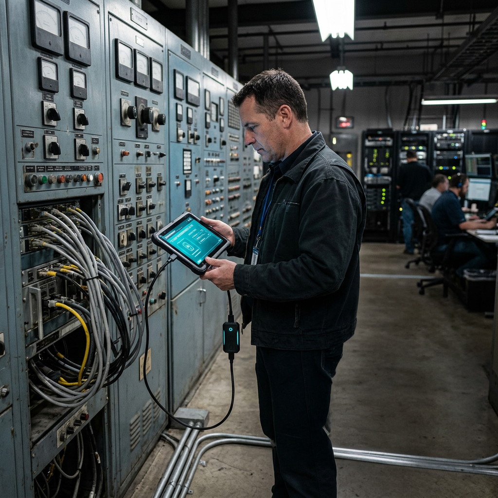 Technician in a dark industrial control room checks a tablet connected to aging electrical panels, with bundled cables and server racks behind him.