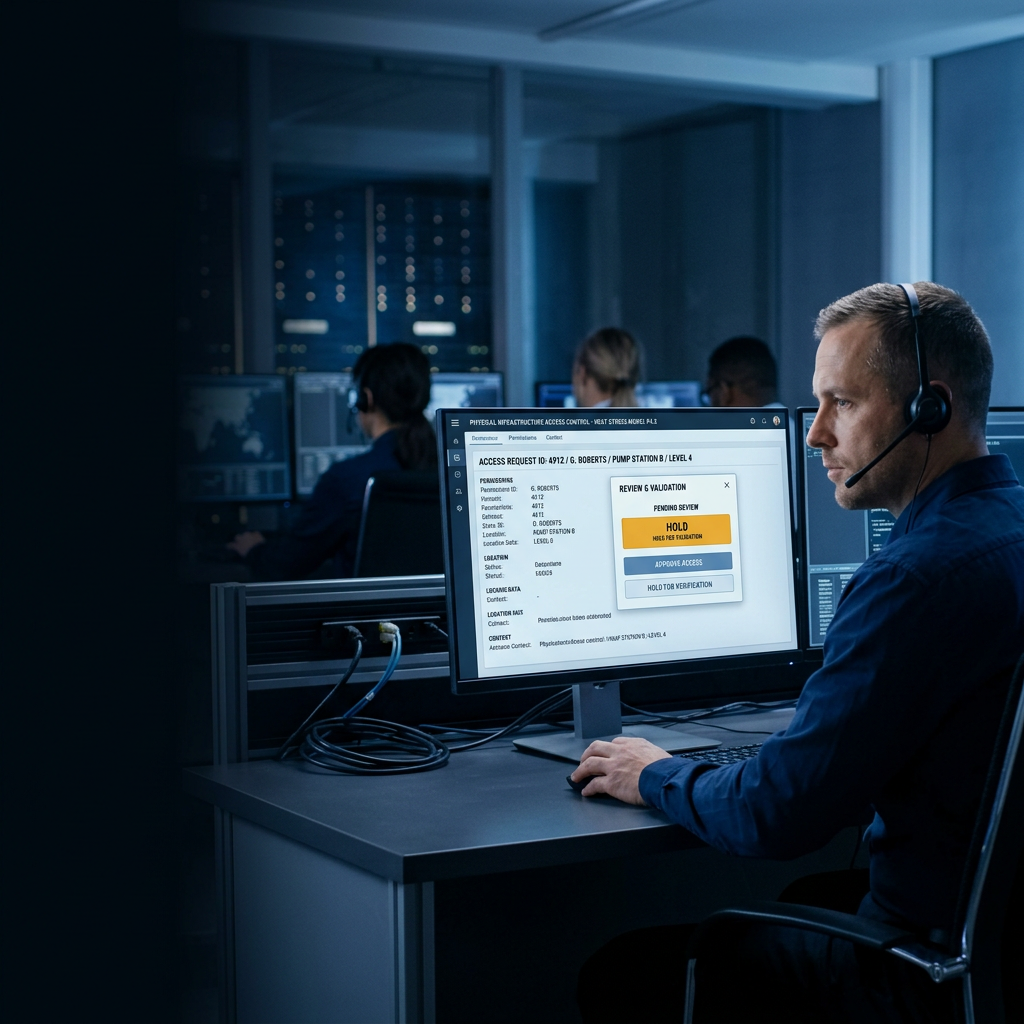 Control room with operators at computer monitors; a man wearing a headset reviews an infrastructure access request on hold, lit in cool blue tones.