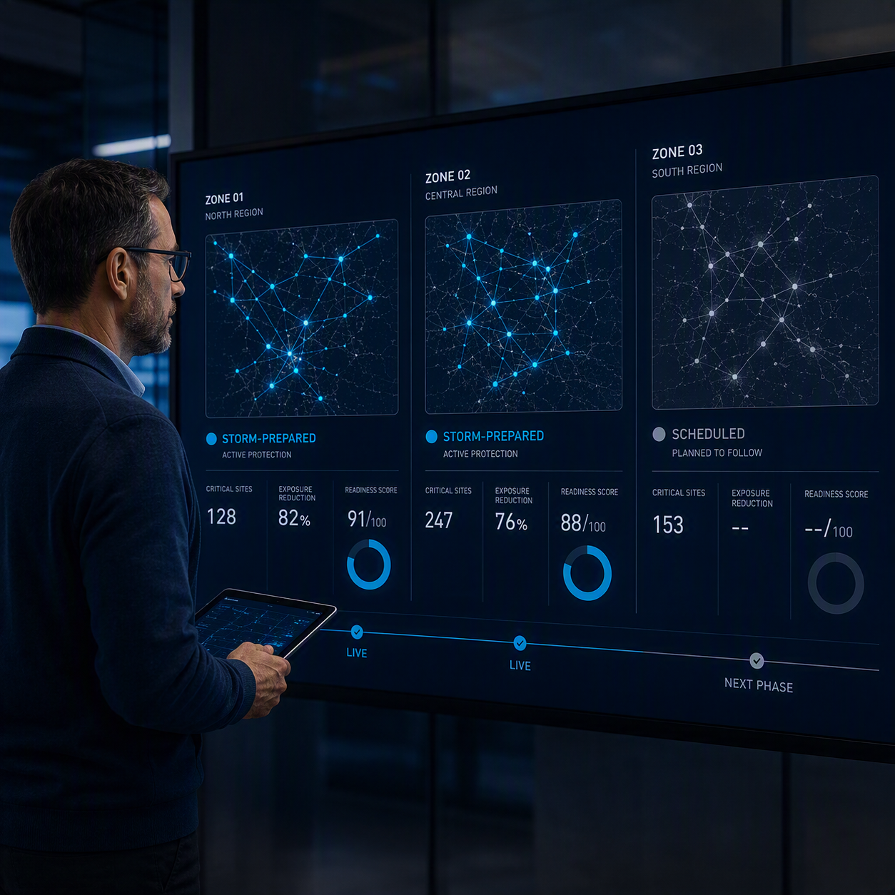 Man holding a tablet studies a large dark dashboard showing three regional grid network maps with blue nodes, storm-prepared statuses, critical site counts, and readiness scores.