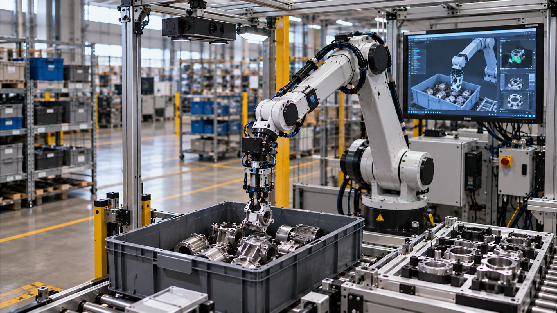 Autonomous robotic arm using digital twin technology, machine vision and AI-driven motion learning to perform flexible pick-and-place operations with irregularly positioned industrial components in a modern manufacturing environment.