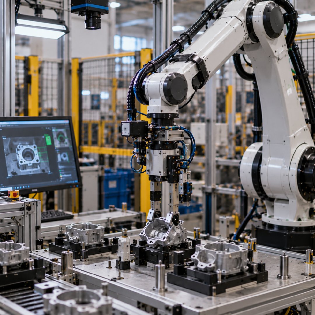 AI-enabled industrial robot adapting its handling and inspection behavior using machine vision and real-time production data, improving flexibility, precision and autonomous decision-making across manufacturing operations.