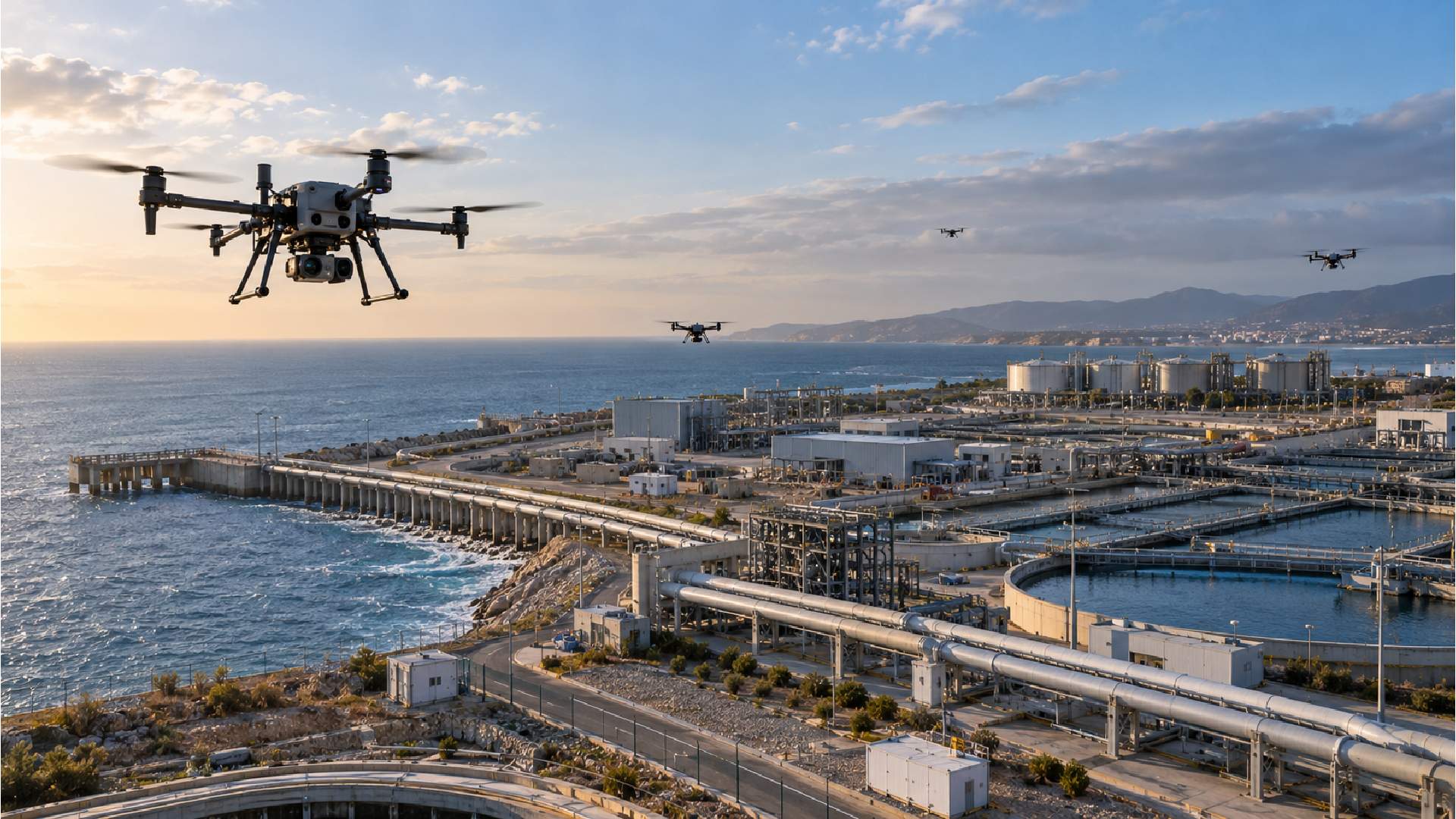 Coordinated UAV fleet performing autonomous inspection across a large coastal water-treatment facility, using multiple aerial viewpoints and onboard sensing to expand surveillance coverage, detect asset conditions earlier and support more efficient monitoring of critical infrastructure.