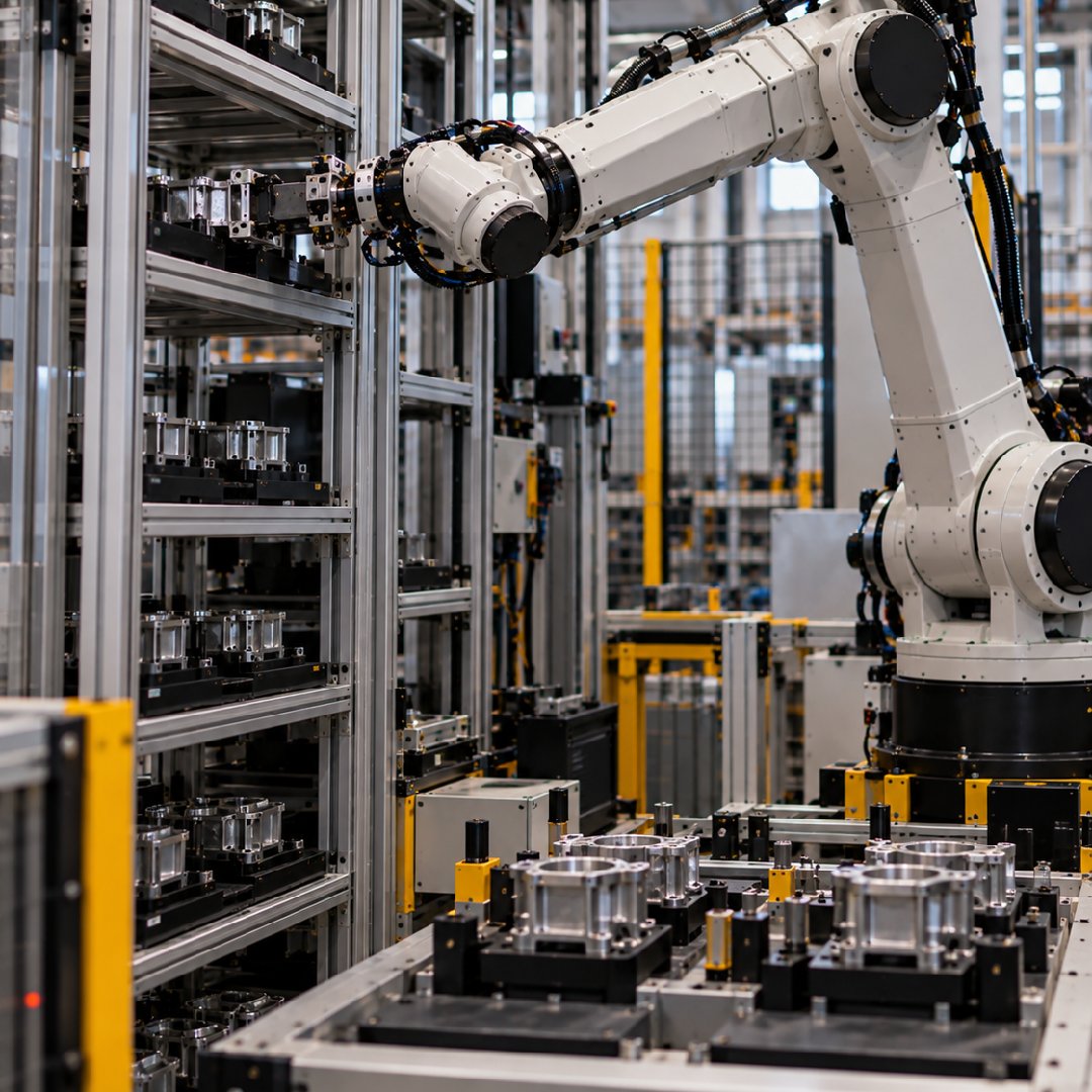 Industrial robotic arm autonomously calculating and executing precise movements to handle metal components between production stations, using AI-driven motion planning to improve flexibility, accuracy and manufacturing efficiency.