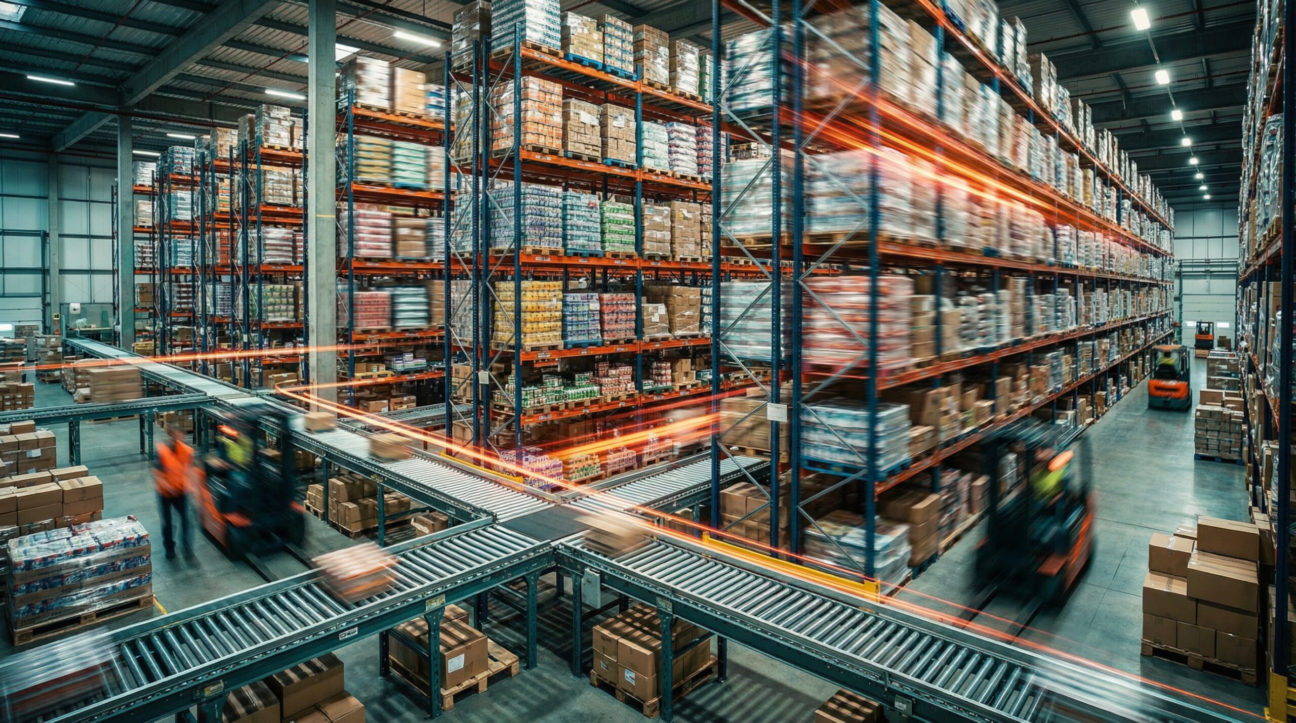 a warehouse full of goods, with forklift trucks operating efficiently