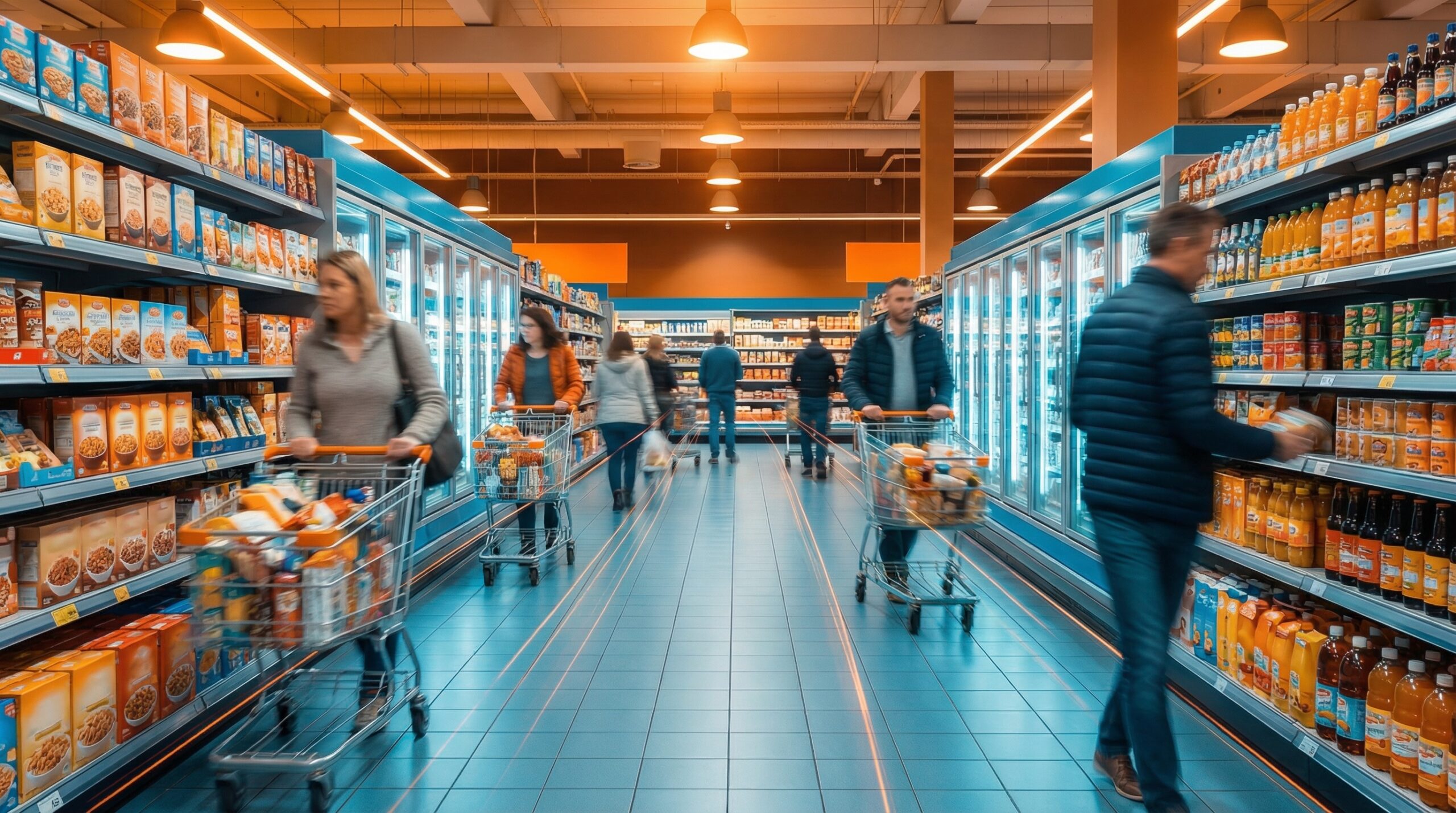 A blurred image of a supermarket aisle, with customers pushing their trolleys and selecting products