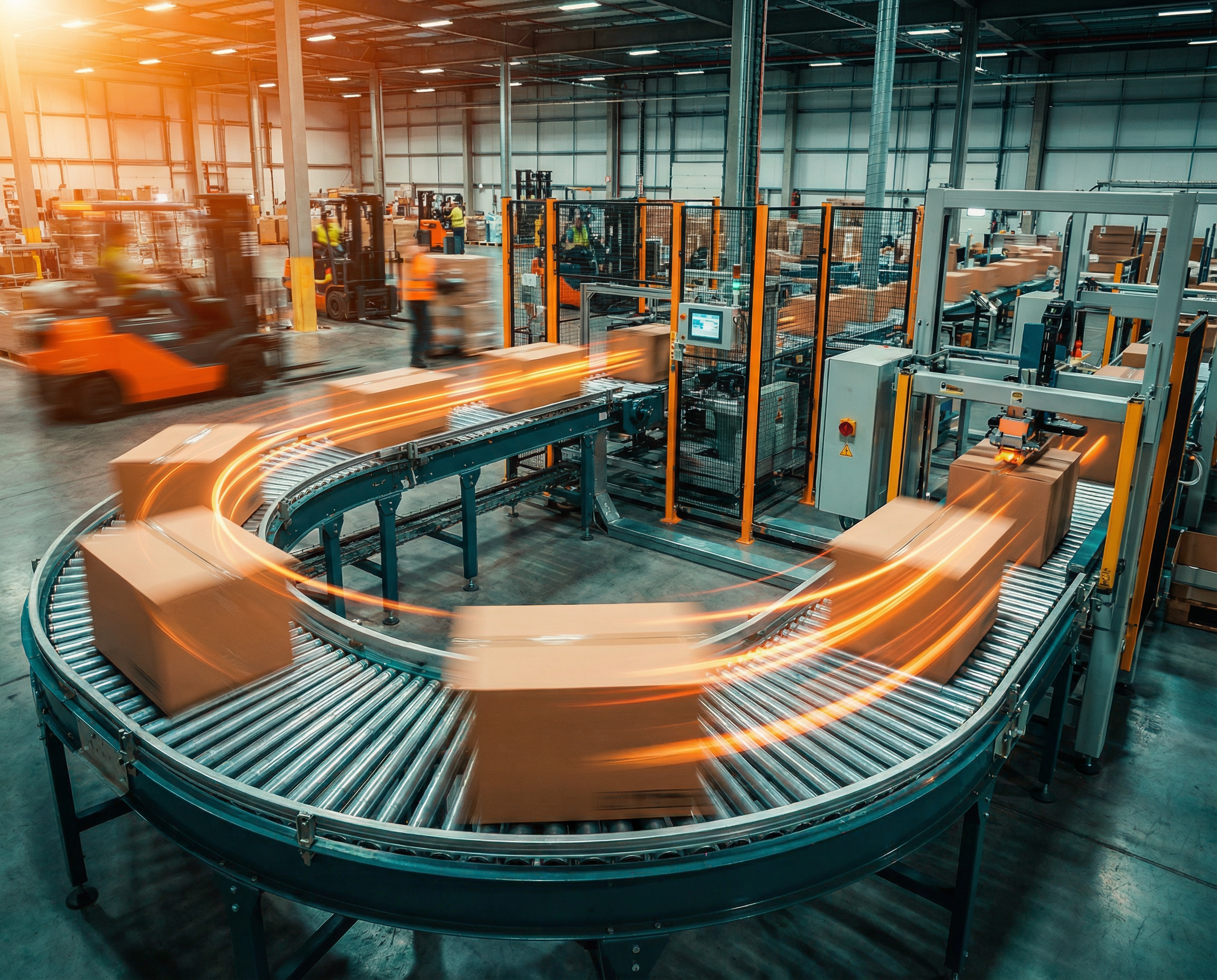 a conveyor belt at a logistics company, full of boxes ready for dispatch