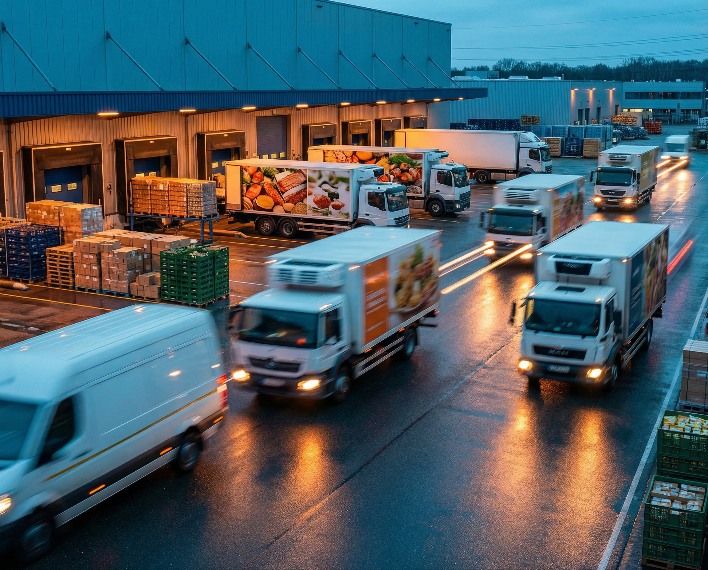 A fleet of lorries sets off on its journey at night, leaving the depots